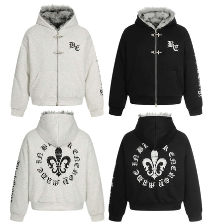 Velvet Hooded Jacket - Loose Fit, featuring grey and black color options, designed for casual comfort and style.