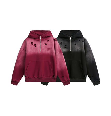Half-Zip Printed Hoodie – Loose Fit in maroon and black, featuring trendy distressed details and a half-zip design.