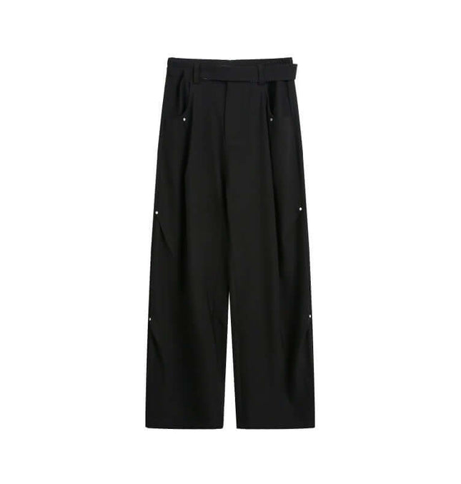 Wide Leg Pleated Plaid Trousers in black with pleated design and drawstring belt for a relaxed fit.
