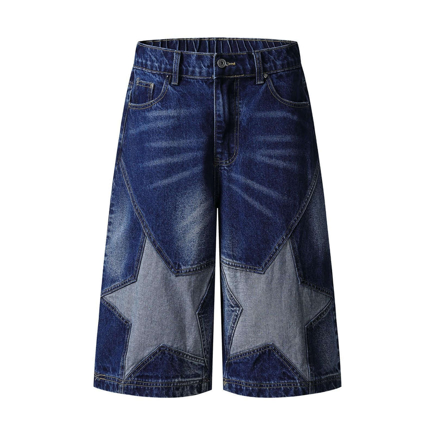 Model wearing Blue street washed star patchwork shorts by Grozavu