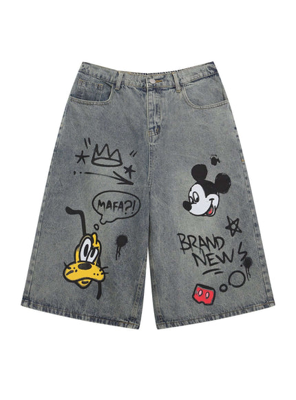 Denim Blue street washed mickey print trousers with Grozavu logo