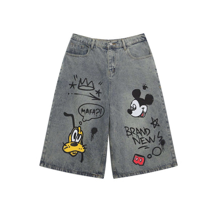 Denim Blue street washed mickey print trousers with Grozavu logo