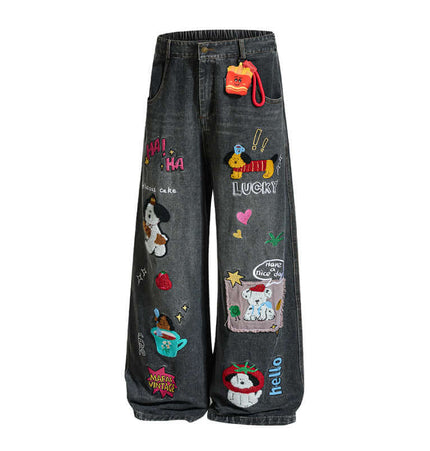 Cartoon Patch College Denim Pants featuring colorful cartoon embroidery and a playful design for casual streetwear.
