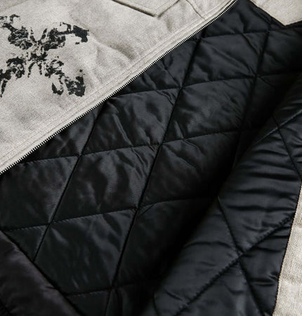 Grozavu Graffiti Faux Fur Collar Coat – Loose Fit interior detailing with quilted lining and graffiti print design.