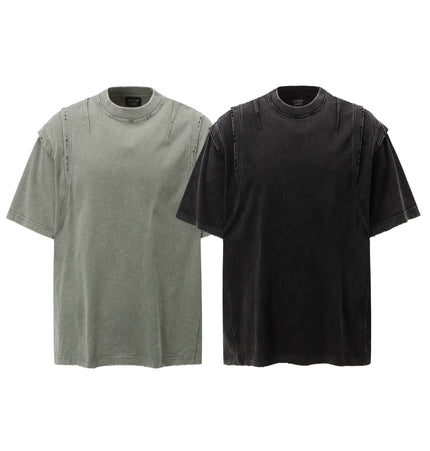 Washed Spliced Distressed TShirt – Loose Fit in green and black with relaxed fit and collage details.