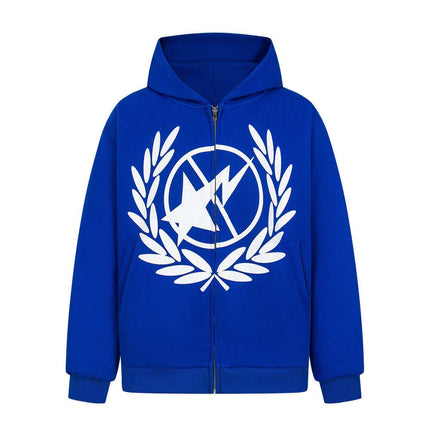 Model wearing Blue lightning printed hooded jacket by Grozavu