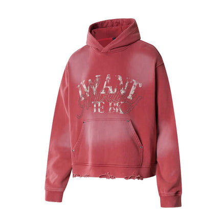 Washed Rhinestone Letter Hoodie – Loose Fit with vintage finish and rhinestone embellishments.
