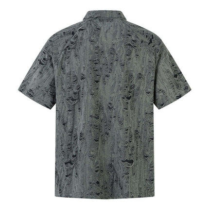 Distressed Short Sleeve Shirt - Loose Fit view from the back showcasing the unique design and texture.