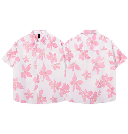 Pink Floral Short Sleeve Shirt – Loose Fit showcasing a pink and white floral pattern with a relaxed fit.