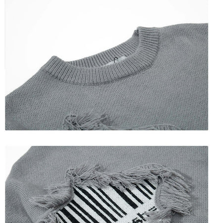 Fringe Patchwork Knit Sweater – Loose Fit featuring raw-edge patchwork and fringe detailing in gray.