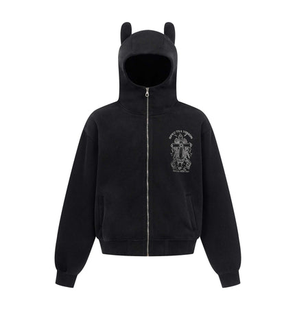 Vintage hoodie | Cross letter print hoodie | Distressed zip-up sweatshirt | Unisex streetwear jacket | Loose fit hoodie black | Casual streetwear hoodie gray