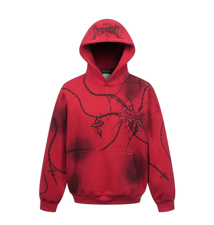 Distressed chain cross hoodie | Streetwear pullover hoodie | Unisex loose fit hoodie | Trendy cross print sweatshirt | Casual street style hoodie | Black and red hoodie