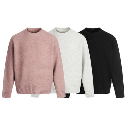 Semi-High Neck Simple Knit Sweater in pink, gray, and black colors displayed together.