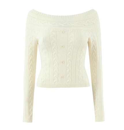 Off-Shoulder Twists Slim Knit Sweater in cream with button detailing and textured cable knit design.