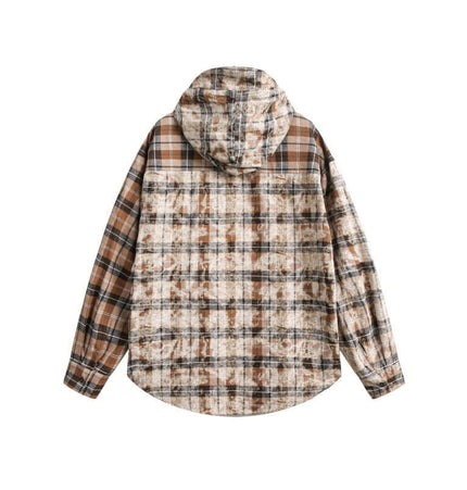 Checkered Hooded Plaid Shirt – Loose Fit, showcasing a stylish back view with contrasting plaid pattern and attached hood.