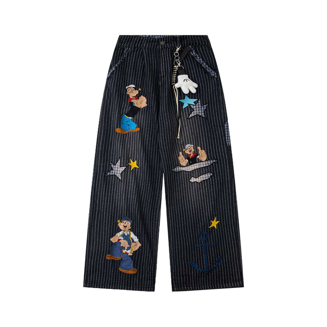 Retro Striped Embroidery Trousers - Loose Fit with embroidered designs and wide-leg style.