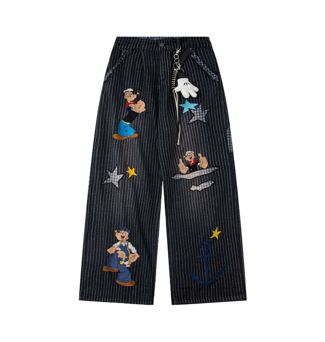 Retro Striped Embroidery Trousers - Loose Fit with embroidered designs and wide-leg style.