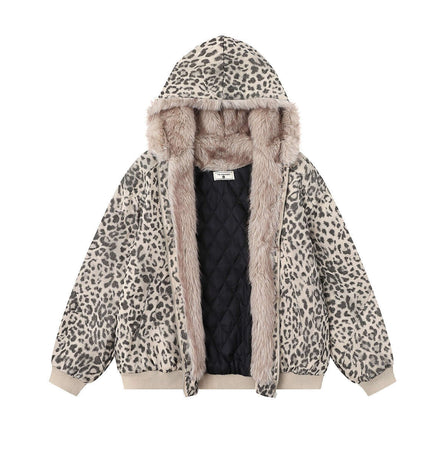 Leopard Print Velvet Jacket - Loose Fit with cozy wool collar and hooded design for winter comfort.
