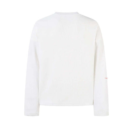 Casual Loose Waffle Knit Top back view in white color showcasing long sleeves and crew neck design.
