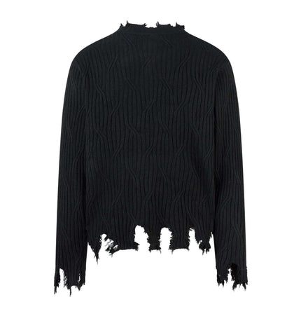 Back view of Ripped Hem Knit Cardigan – Loose Fit with distressed hem, featuring a unique textured design.