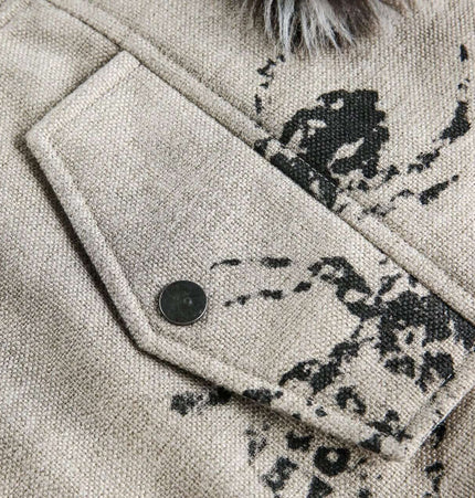 Close-up of the graffiti detailing on the Graffiti Faux Fur Collar Coat – Loose Fit showcasing pocket design.