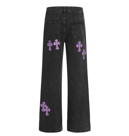 Back view of Retro Cross Flared Denim Pants – Slim Fit showcasing purple cross appliqué detailing.