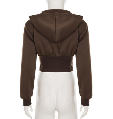 Solid Color Zip Hoodie – Casual Fit, back view, brown color, cropped design, hooded style, long sleeves.