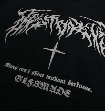 Patchwork High Neck Hoodie – Loose Fit with bold graphic design and statement lettering on black fabric.