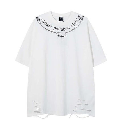 Butterfly Print TShirt – Loose Fit with distressed design and classic round neckline for casual streetwear.