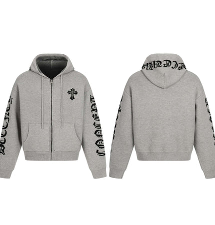 Letter Jacquard Knit Hoodie – Loose Fit, gray hoodie with bold letter jacquard pattern, front and back view.