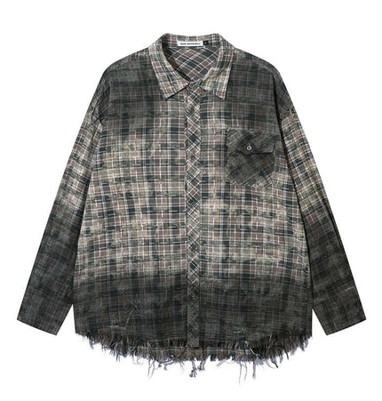 Radiant Plaid Distressed Shirt – Loose Fit featuring a frayed hem and relaxed style.