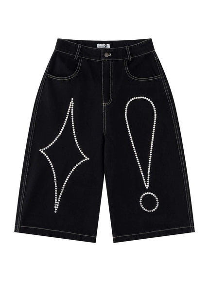 Model wearing Black rhinestone symbol denim shorts pants by Grozavu