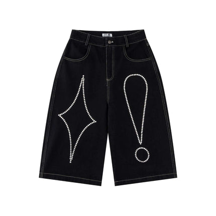 Model wearing Black rhinestone symbol denim shorts pants by Grozavu