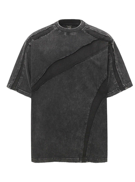 Model wearing Gray summer short sleeve deconstructed t-shirt by Grozavu