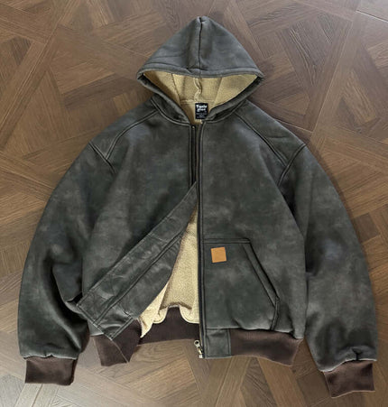 Thick Suede Hooded Jacket – Street Style, featuring a versatile design with faux suede and soft lamb fur lining.