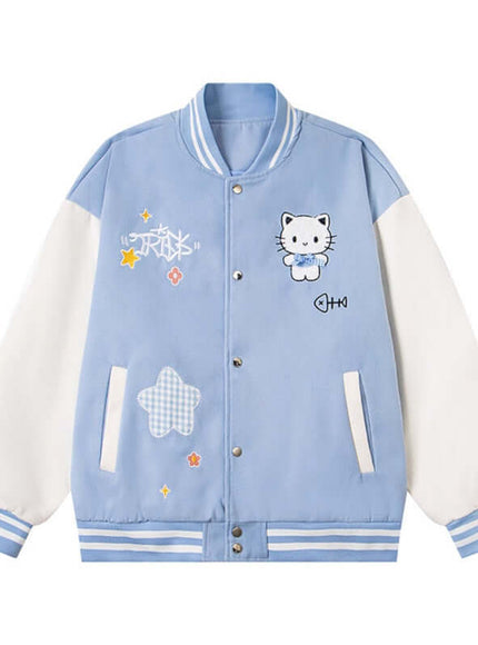 Back view of Black embroidery cute cat baseball jacket by Grozavu