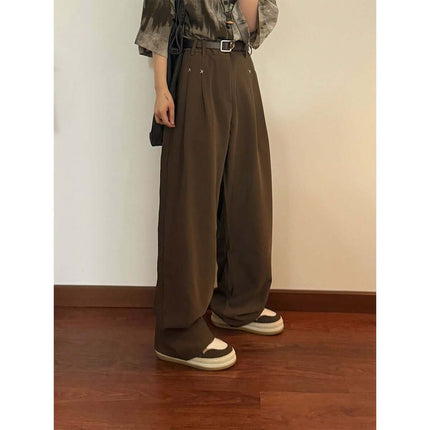 Wide Leg Straight Casual Pants – Loose Fit in brown with a relaxed silhouette and belt, styled for modern street fashion.
