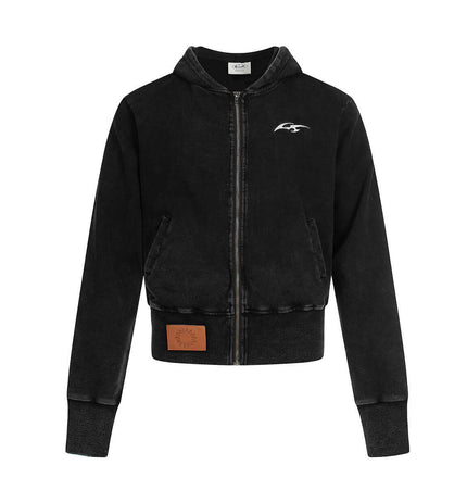 Washed Retro Zip Hooded Jacket – Fitted in black with geometric pattern and cotton fabric for casual style.