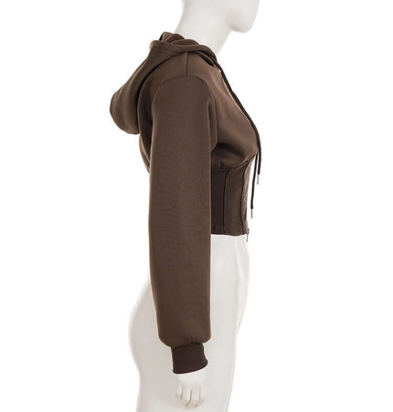 Side view of the Solid Color Zip Hoodie – Casual Fit in brown, featuring a hood and long sleeves.