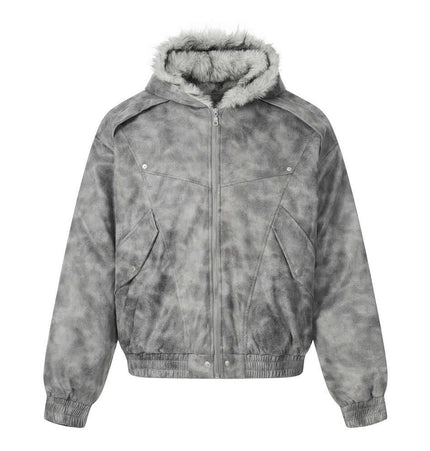 Hooded Fur Collar Jacket – Loose Fit in gray with a stylish fur-lined hood and distressed patchwork design.