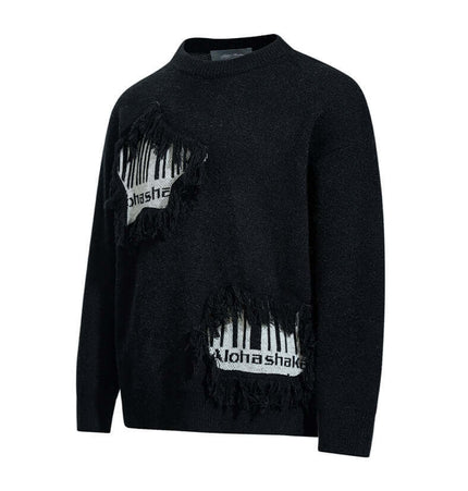 Fringe Patchwork Knit Sweater – Loose Fit featuring textured fringe accents and raw-edge patchwork design.