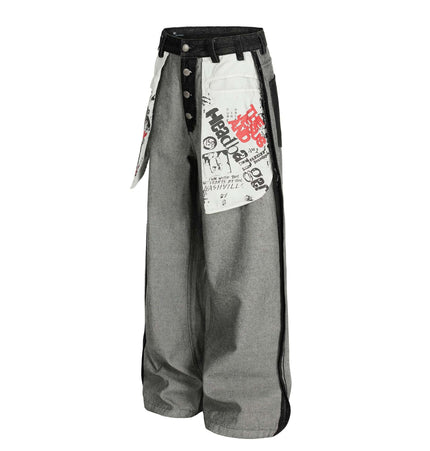 Printed Deconstructed Asymmetrical Jeans showcasing bold printed panels and relaxed street style.