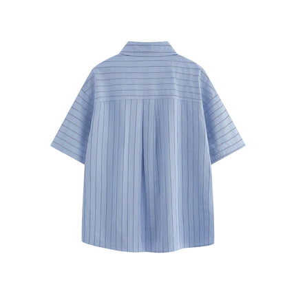 Patch Striped Short Sleeve Shirt - Loose Fit, back view of light blue striped shirt with turn-down collar.