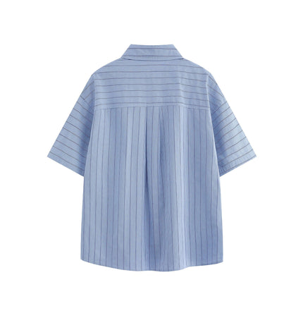 Patch Striped Short Sleeve Shirt - Loose Fit, back view of light blue striped shirt with turn-down collar.
