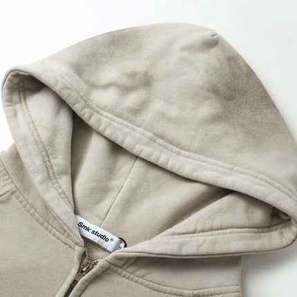 Retro Patchwork Zip Up Hoodie – Loose Fit with a soft fleece-lined hood and simple design.