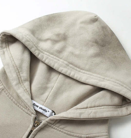 Retro Patchwork Zip Up Hoodie – Loose Fit with a soft fleece-lined hood and simple design.