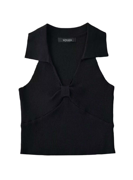 Model wearing Black polo collar short knitted vest by Grozavu