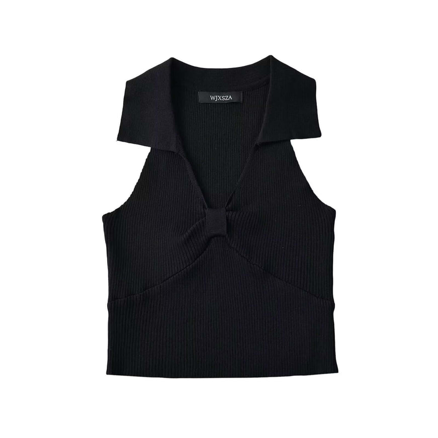Model wearing Black polo collar short knitted vest by Grozavu