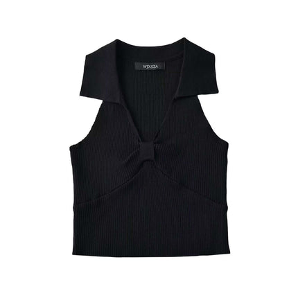 Model wearing Black polo collar short knitted vest by Grozavu