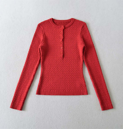 Round Neck Half-Button Knit Sweater in red, showcasing a slim-fit design and textured knit pattern.